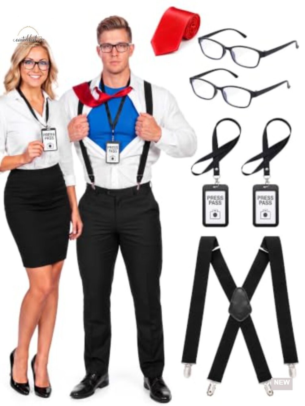 6pc Retro Reporter Couple Costume Accessories Set Glasses Suspenders Tie Press